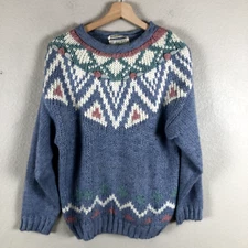 Vintage Colter Bay Sweater Womens Medium Blue Pink Knit Hand Loomed Grandmacore
