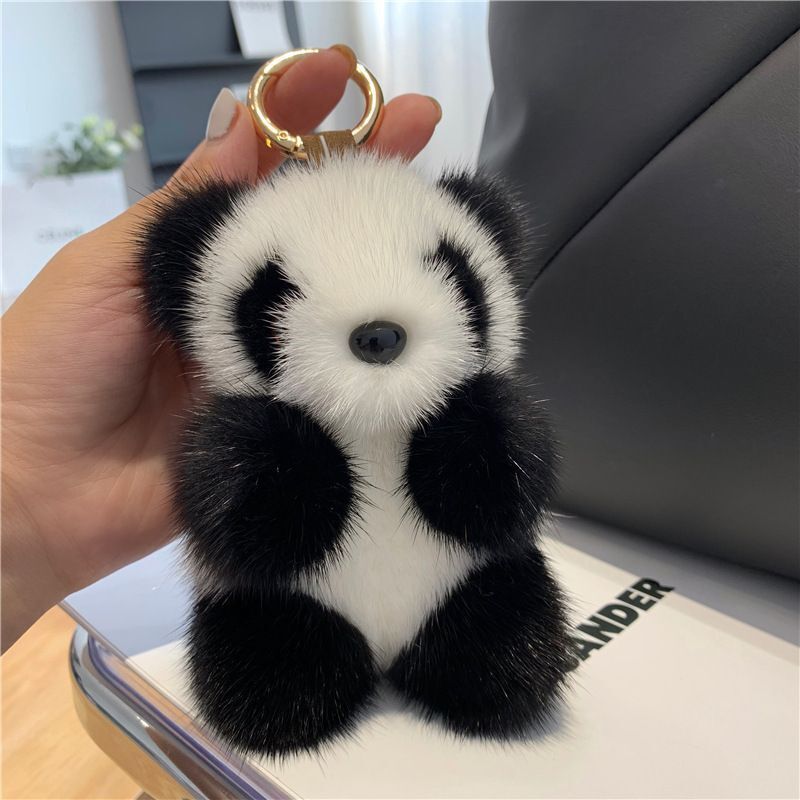 Adorable Panda Keychain 13cm Plush Faux Mink Fur Car Keys Cute Bag