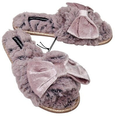PRETTY YOU London Slippers Ladies Dark Pink Fluffy Large Bow Open Toe S UK  3-4 UK