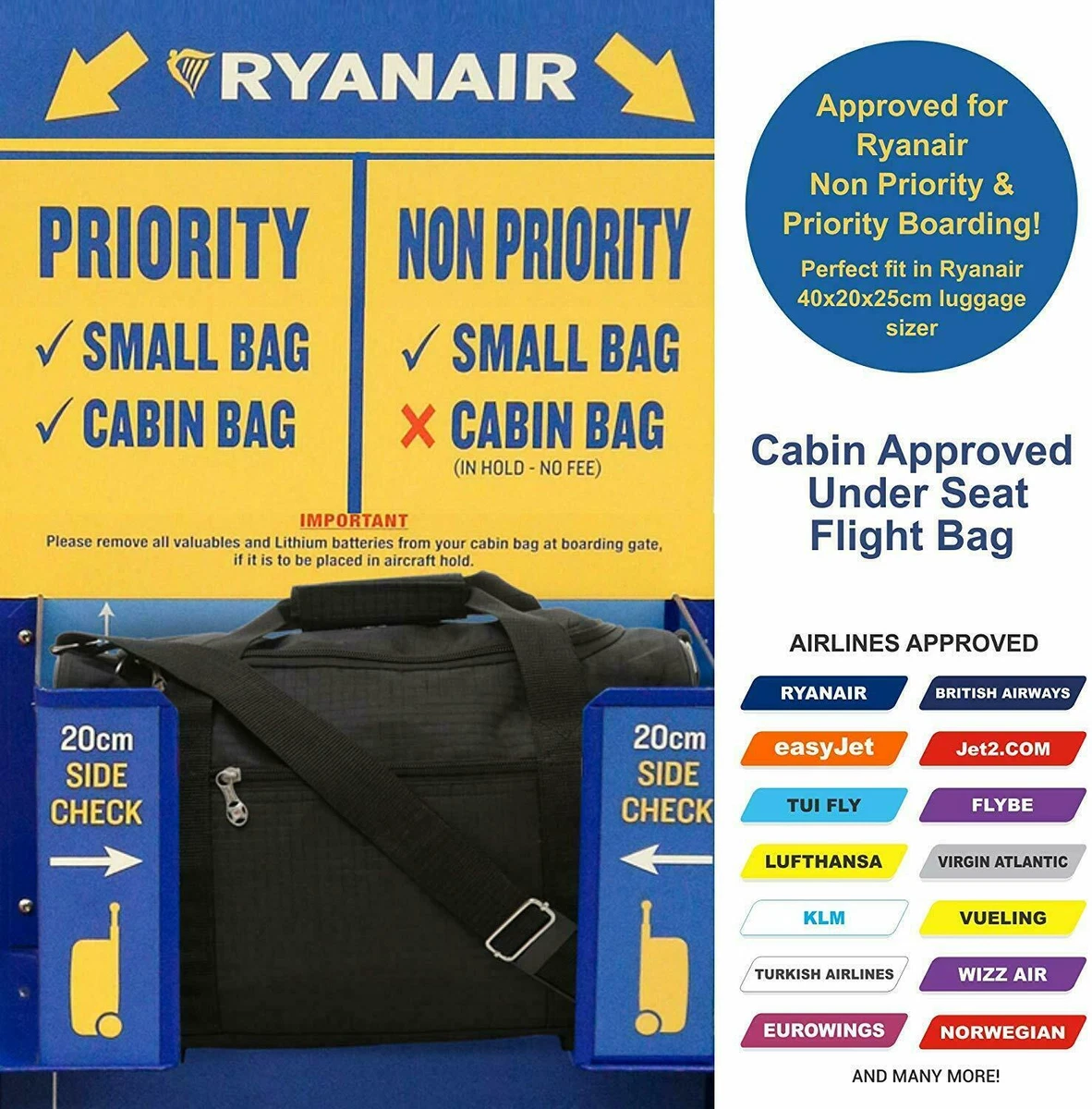 Ryanair 40x20x25cm Hand Luggage Travel Cabin Flight Bag Under Seat Holdall  Bag