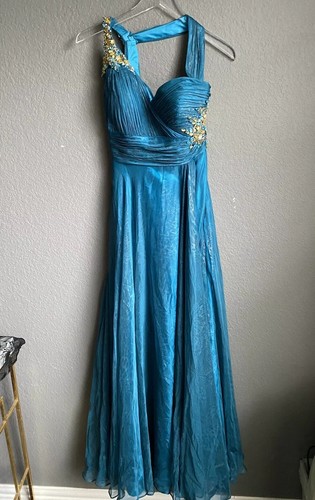 Cache Silk Embellished Beaded Gown Dress Long Teal Gold Prom 8 Leopard Print - Picture 5 of 8
