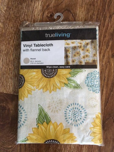 SUNFLOWERS Vinyl Tablecloth Flannel Back Round 60" Diameter TrueLiving NEW