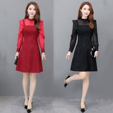 Lady Elegant Midi Dress Shine Ruffle Puff Sleeves See Through Party A-Line Work