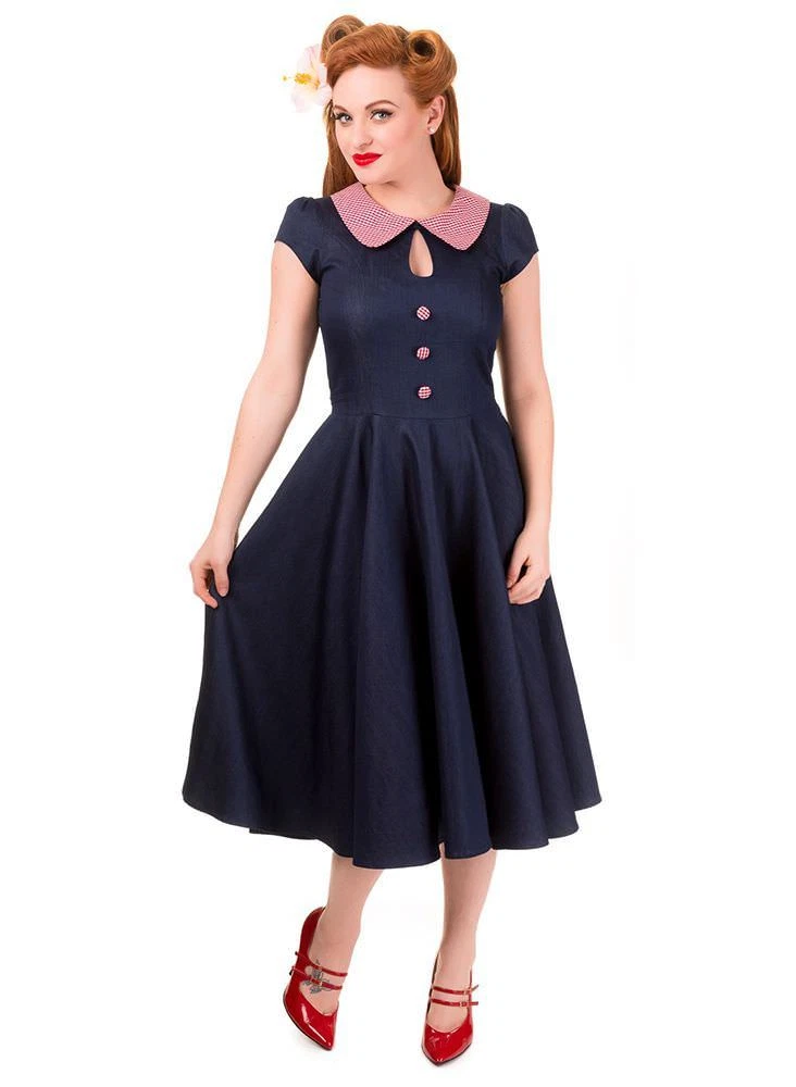 Vintage 50s Style Cute Denim and Gingham Swing Dress Retro Rockabilly 1950s  UK 8