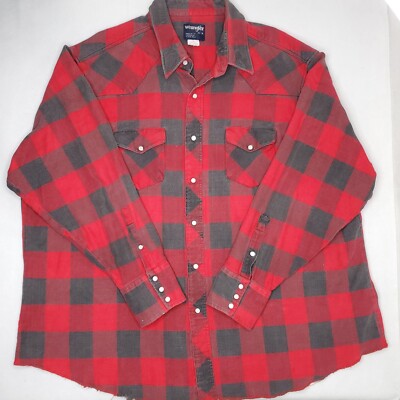 Vintage Wrangler Shirt 20-36 Gray Red Big Mans Flannel Pearl Snap X-Long Tails