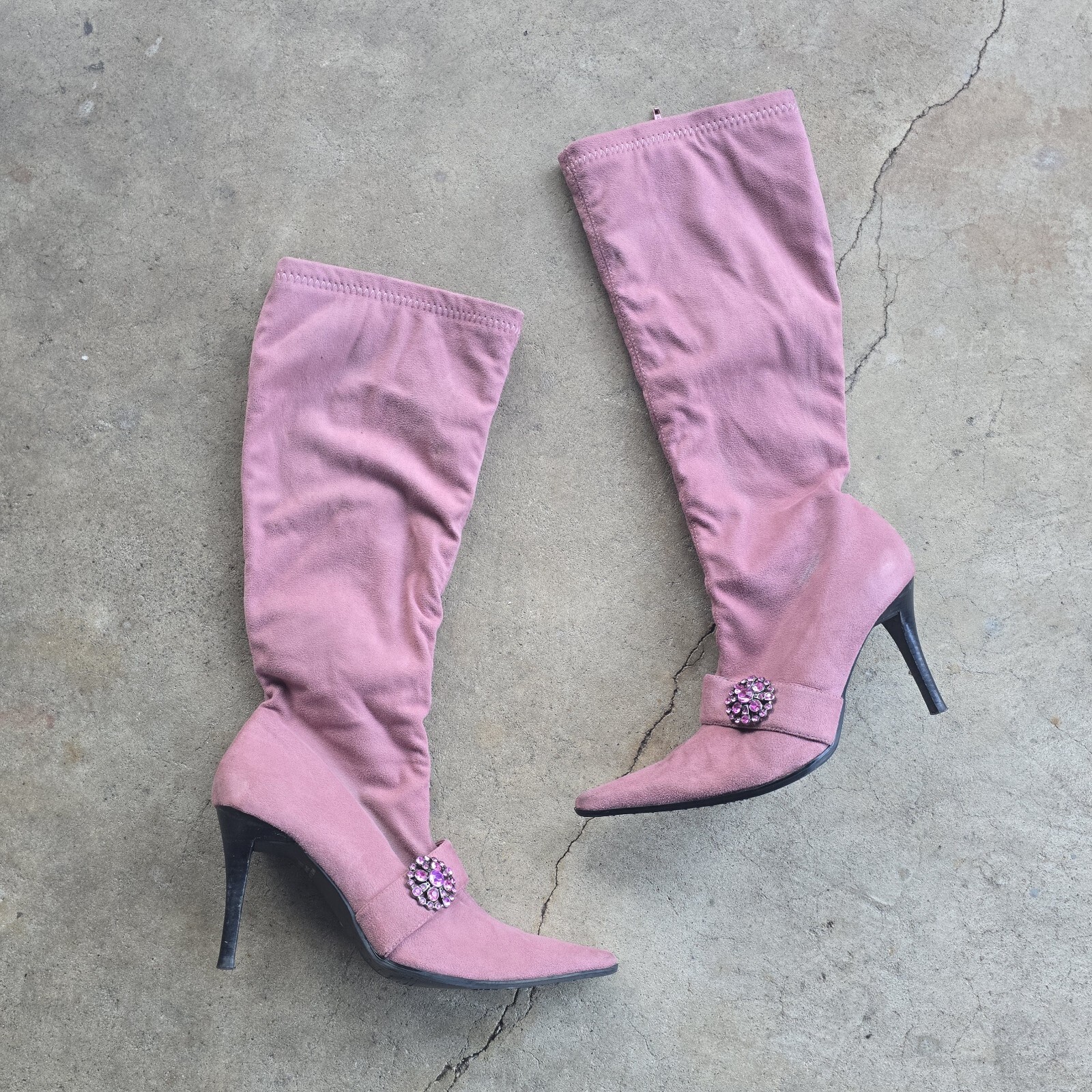 Vtg Y2k Baby Girl Pink Broch Gem Bling Cvnty Heels Boots 9.5 Siren Kawaii