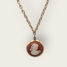 Cameo Pendant Necklace Gold Vintage Victorian Revival Coral Ivory Portrait
