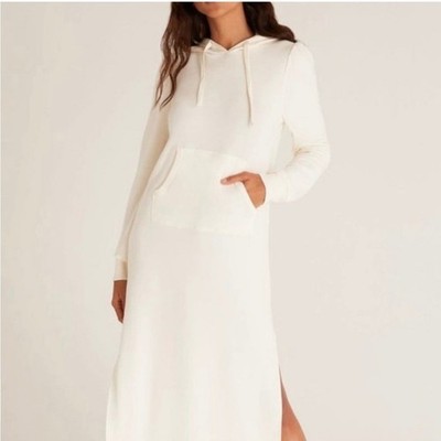 NWT Z Supply - L Cloud Dancer Ruffle Hoodie Dress Cream Maxi 