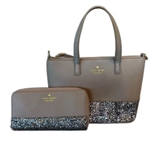 Kate Spade Greta Court Ina Small Handbag Gray Glitter with Matching Wallet