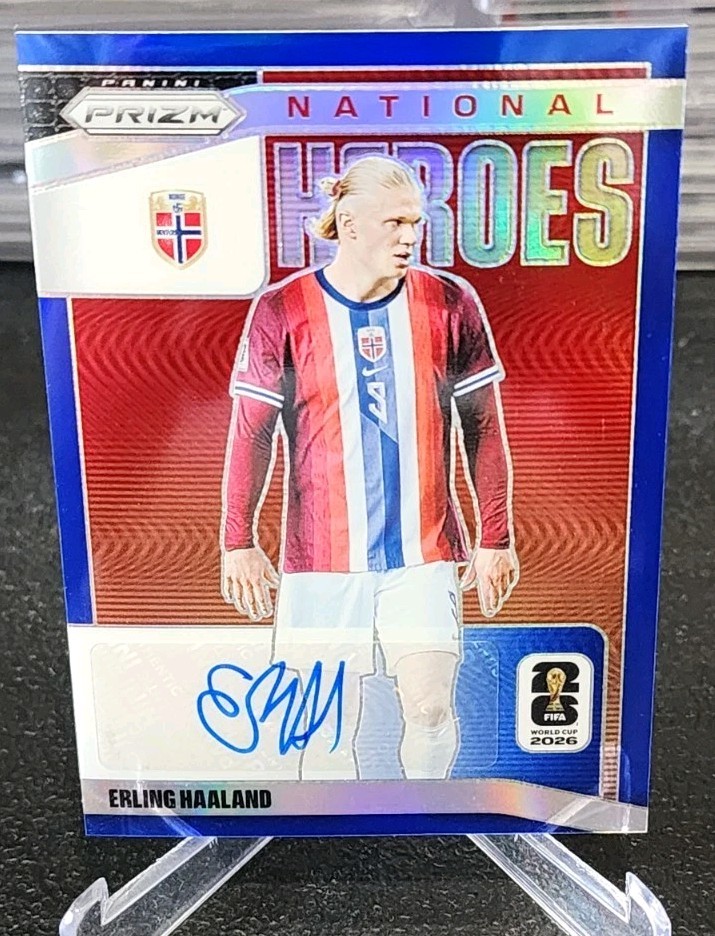 ERLING HAALAND 2026 Panini Prizm World Cup Soccer NATIONAL HEROES BLUE Auto /49 view 1