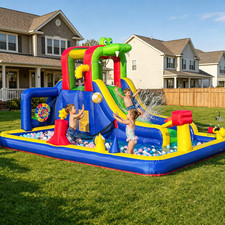 Kids Inflatable Bounce House Water Slide Splash Pool with Volleyball Game Blower