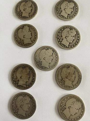 ESTATE FIND  9 Pcs 90% SILVER BARBER QUARTERS 1905 Thru 1916 circulated Used