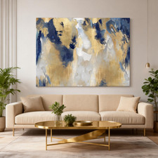 Blue Gold Abstract Wall Art Modern Luxury Canvas Painting for Bedroom