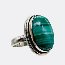 Gemstone Oval Malachite Sterling Silver Ring  Size 7  Green  1 Ring 