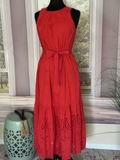 Destination 365 Red Cotton Eyelet Midi Dress,XS, NWOT 