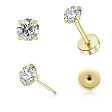 2mm Tiny CZ Flat Screw Back Stud Earrings for Unisex, Gold on