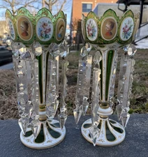 Antique 19th C. Bohemian Moser Glass Emerald Green Enameled & Gilt Lustres