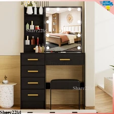 Vanity Set Makeup Desk with LED Lighted and Mirror,6 Drawer Dressing Table+Stool