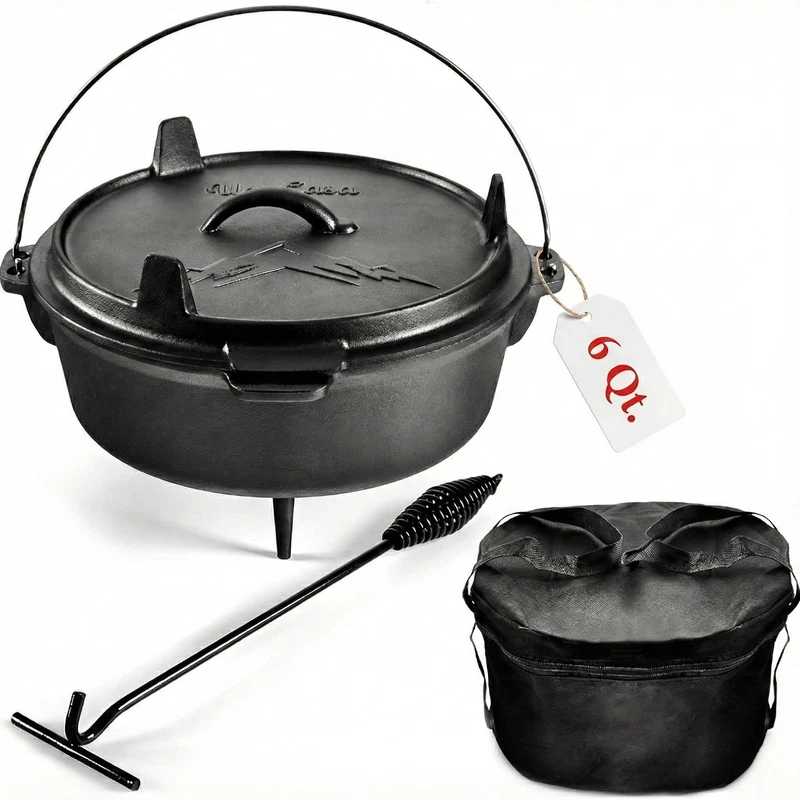 Uno Casa 6Qt Cast Iron Camping Dutch Oven Lid Lifter And Storage Bag -