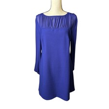 Taylor Royal Blue Sheer Pleated Yoke Long Sleeve Shift Dress Cocktail Event