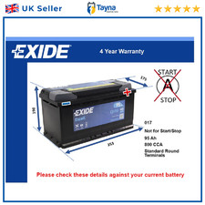 Car Battery EB950 Exide 017 800A 95Ah 4Yr Warranty 353x175x190 Excell