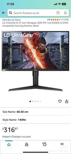 LG 27GL83A-B Gaming Monitor 27" UltraGear QHD IPS 1ms NVIDIA G-SYNC-Black