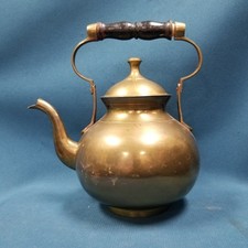Vintage Brass Plated Brushed Stainless Wood Drop Handle Tea Pot Made in India