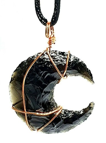 Obsidian Moon Necklace Pendant Copper Wire Wrapped Crystal Gemstone Protection - Picture 6 of 14