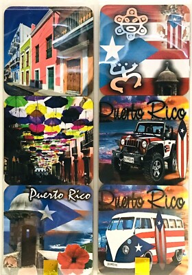 PUERTO RICO BORICUA Set of 6 LAMINATED CORK COASTERS w PR Scenes Souvenirs Gift