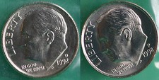 1992 P and D Roosevelt Dime 2 Coins from US Mint Set BU Cellos Ten Cents Two 10