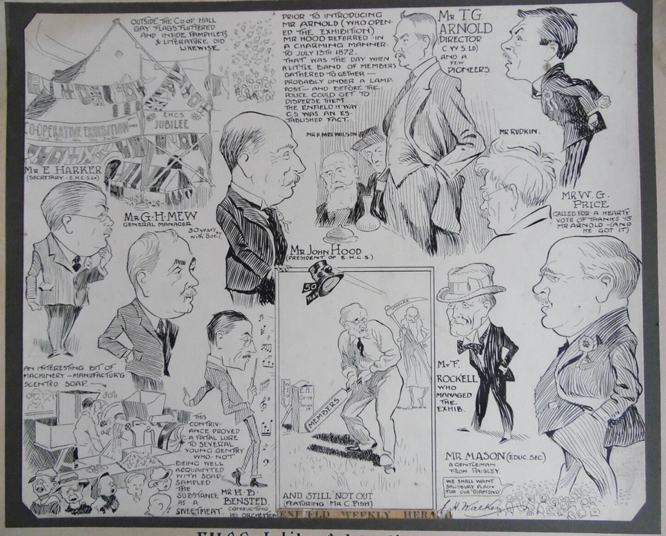 Enfield Highway Co-op. Society Jubilee 1922 Portrait Caricatures by J K Walker - Image 2 of 4
