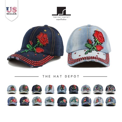 Cotton Cap - Jewel Rhinestone Bling Stud Rose Patch Washed  display picture 3
