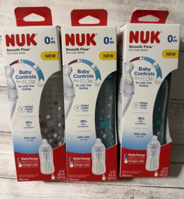 3 Nuk Smooth Flow Anti-Colic Baby Controls The Flow Bottles 0+ Months 10 Oz.
