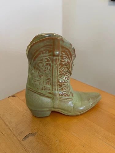 Vintage Frankoma Cowboy Boot Wall Pocket Prairie Green #134
