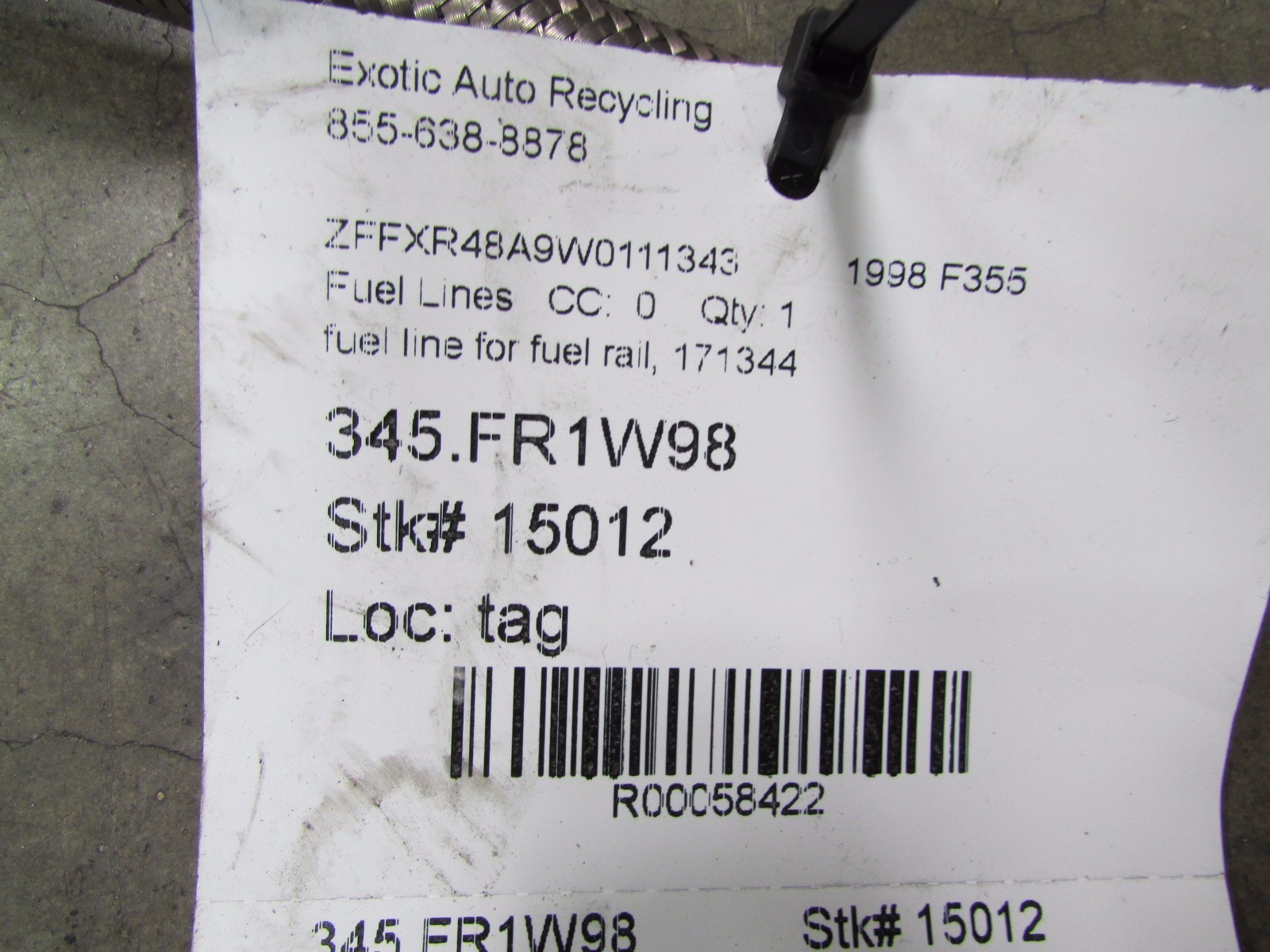 Ferrari F355, Fuel Rail Fuel Line, Used, P/N 171344