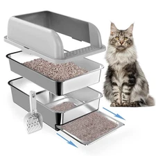 23.6"x15.7"x6" Enclosed Stainless Steel Litter Box with Lid, XL Sifting Litte...