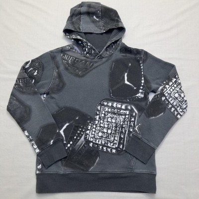 Jordan Hoodie Youth 10-12 Gray Fleece Pullover Allover Ring Graphic Jumpman