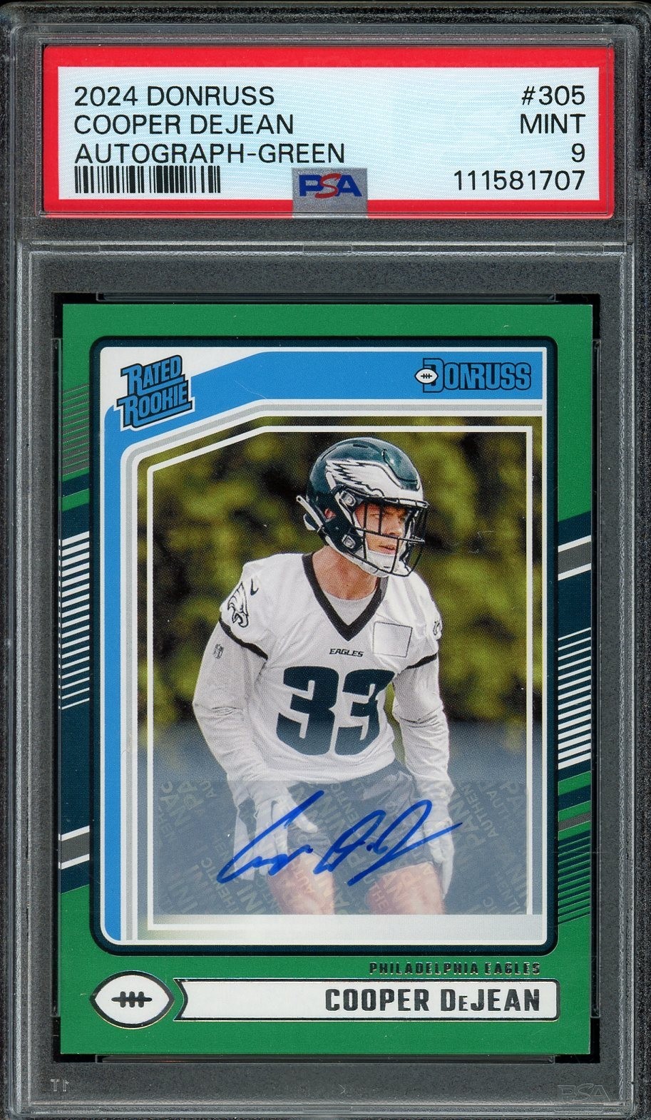 Cooper DeJean 2024 Panini Donruss Rated Rookie Green Auto RC #305 Eagles PSA 9