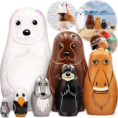 Matryoshka Dolls Northern Animals Alaska Set 7 pcs Wooden Figurines - Russian...