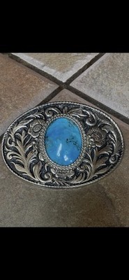 Fancy Belt Buckle With A Large 30x40 Mm Kingman Arizona Turquoise Stone.