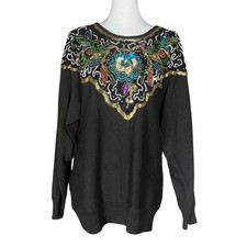Vintage 80s Heavily Beaded Sequin Sweater. M/L. Black, Colorful, Gold Maximalism