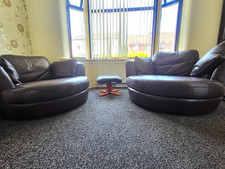 Brown Leather 3-Seater Sofa Set, 210cm L x 100cm And 2 Round Swivel Sofa Set.