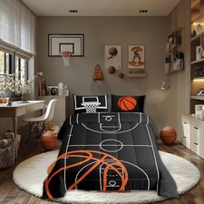 Basketball Court Print Kids Comforter Set Size,Ball Toddler Gray Orange White