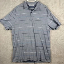 Travis Mathew Polo Short Sleeve Shirt Mens XL Gray Striped Hackberry Creek Logo