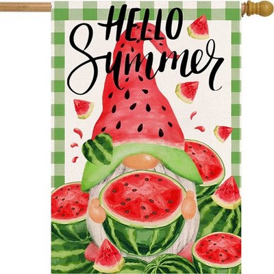 Hello Summer Watermelon House Flag 28 x 40 Inch Summer Gnome Decorative Doubl...