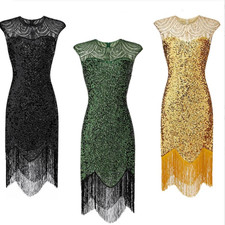 UK 1920's Flapper Dress Sequin Fringe Cocktail Party Great Gatsby Costume