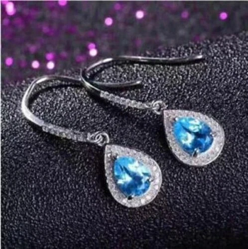 Delicated 4Ct Pear Cut Aquamarine Drop & Dangle Earrings 14K White Gold Plated - Image 2 of 4