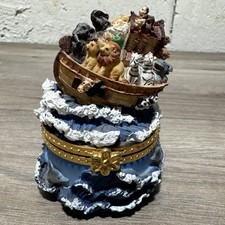 Hand Painted 3.5  Tall Noah  s Ark Hinged Trinket Box 3 By 3 Animals