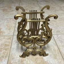 Vintage Lyre Harp Gold Tone Metal Music/Magazine Rack 11" Tall