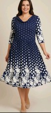 Reborn XL Navy Cowl Neck Fit & Flare Dress 3/4 Sleeve Polka Dot Floral Pockets